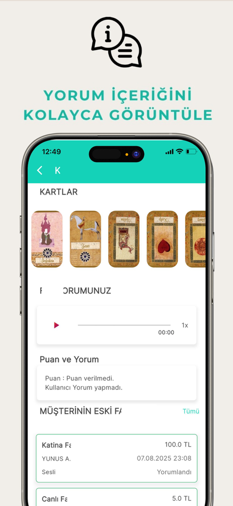 Tableau de bord de l'application mobile pour les diseurs de bonne aventure montrant les cartes de tarot et les options de consultation