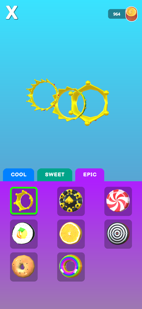 Money Rush - Pantalla de personalización en Money Rush que muestra una variedad de skins de monedas épicas, incluyendo una corona y sushi