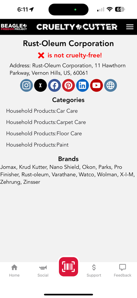 Cruelty Cutter - Cruelty Cutter app screen showing that Rust-Oleum Corporation is not cruelty-free with an option to scan more products