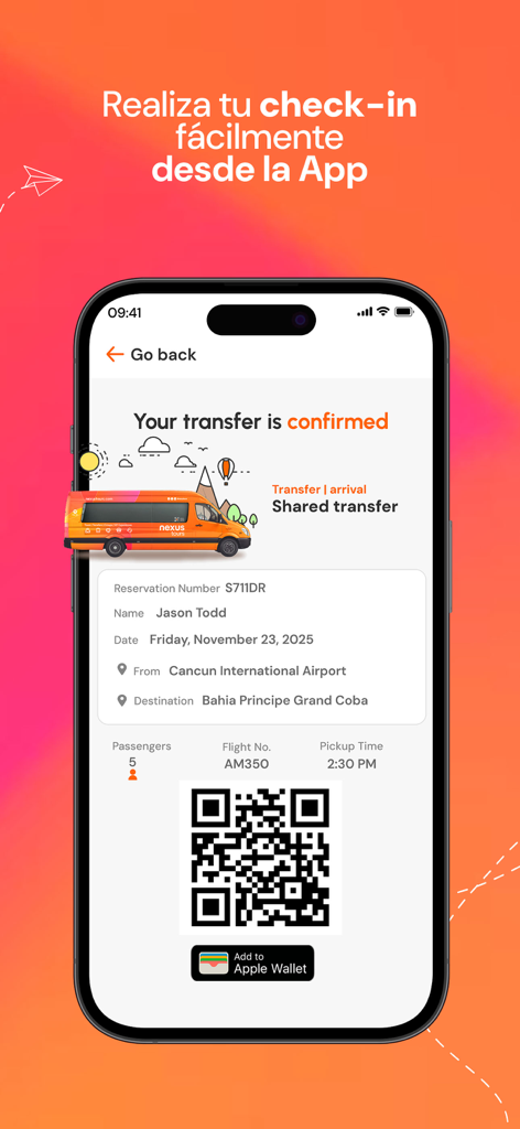 NexusTours app transfer confirmation screen showing a digital ticket with a QR code and Apple Wallet integration