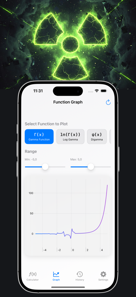 The interactive function graphing screen of the Gamma Calculator app plotting a mathematical curve.