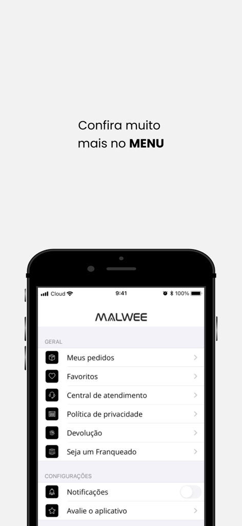 Malwee - Malwee shopping app menu screen with options for orders favorites and customer service