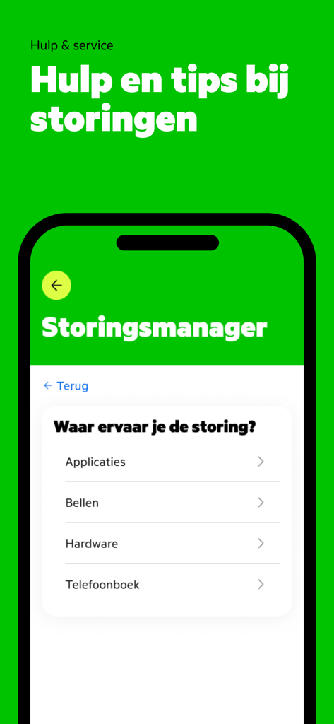 Outage manager screen in the MijnKPN Zakelijk app showing options to report issues with applications calling or hardware
