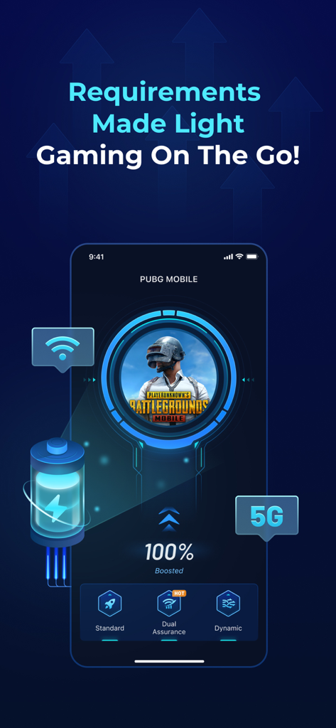 GearUP game booster app interface showing PUBG Mobile boosted status with low latency and battery optimization features