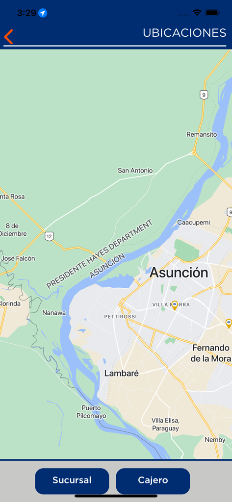 Interfisa Banco mobile app map showing branch and ATM locations in Asuncion