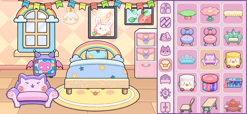 Angela World beauty salon - Room decoration interface in Angela World Beauty Salon showing a cute pastel bedroom with a rainbow bed and furniture selection menu.