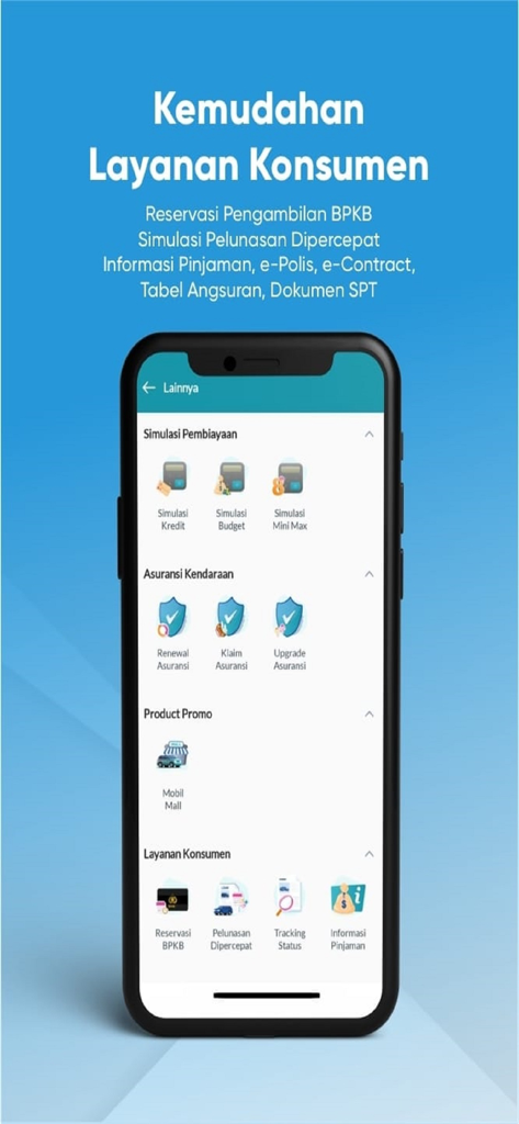 BCA Finance - Interface of the BCA Finance app displaying various financial services such as loan simulations, vehicle insurance, and customer support.
