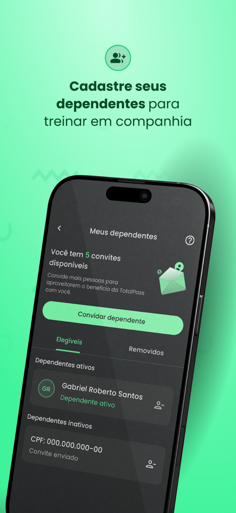 TotalPass - Interface of the TotalPass app showing the management screen for adding and tracking fitness plan dependents