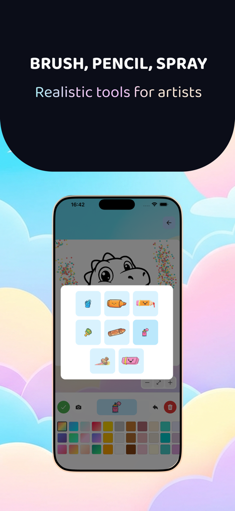 Colorbook: Kids Coloring Book - Smartphone screen showing the Colorbook app interface with various artistic tools like brush pencil and spray for kids.