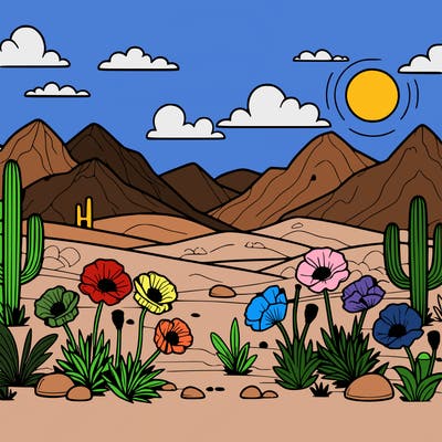 desert coloring page with mountains and poppies