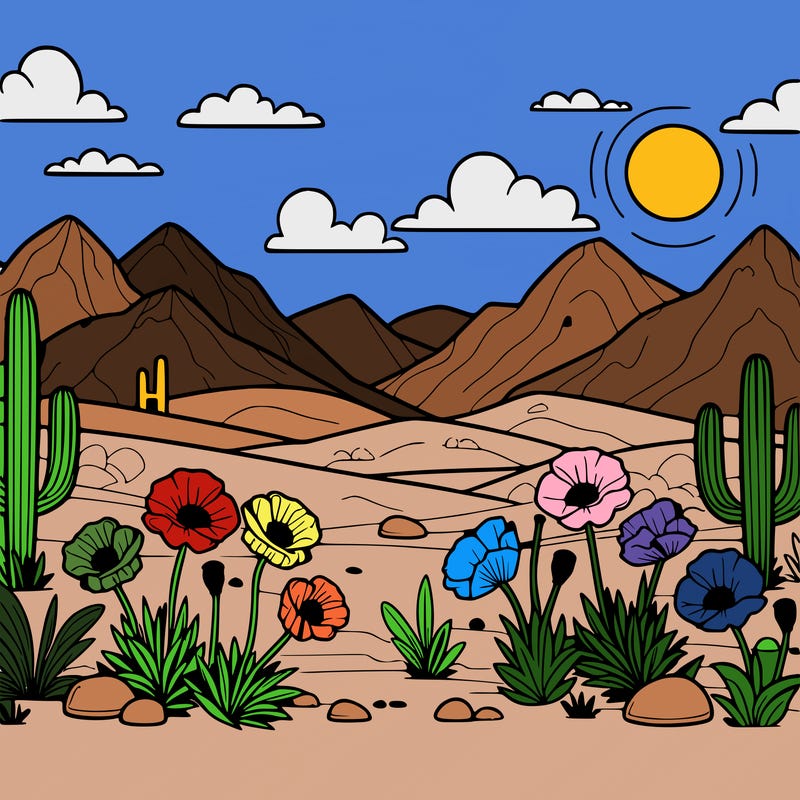 desert coloring page with mountains and poppies
