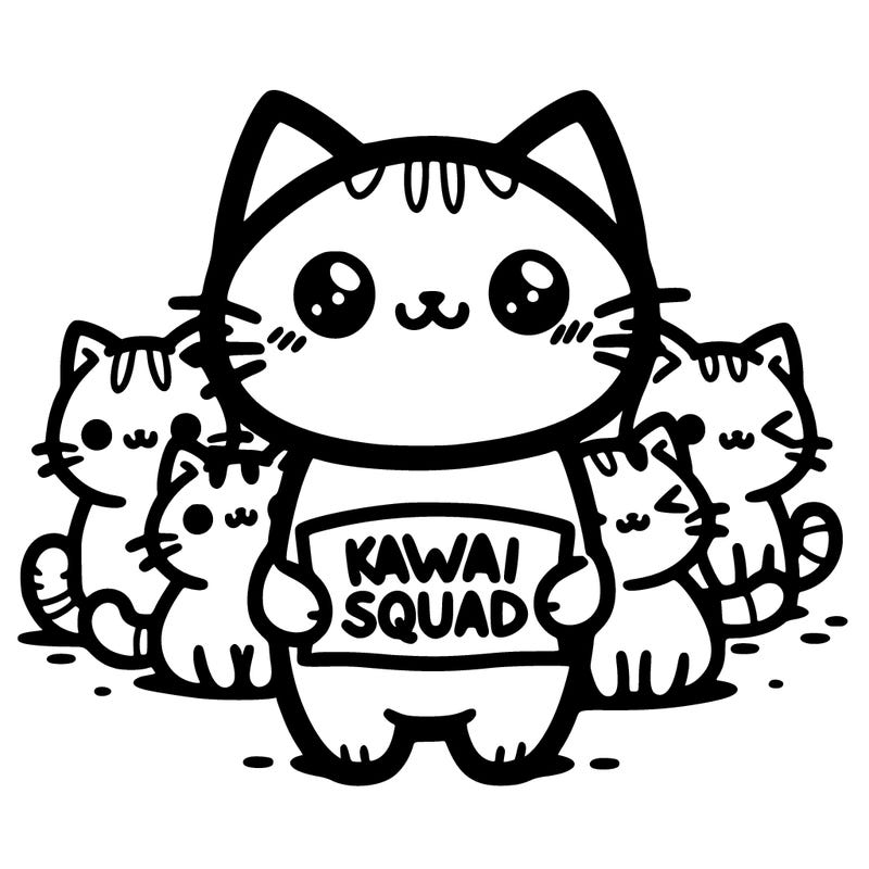 i squad of 5  cats and the middle cat is holding sign that says,kawaii squad