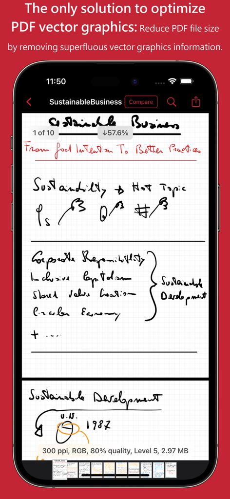 ベクターグラフィックス最適化によるPDFファイルサイズの縮小を示すPDFOptimアプリのインターフェース。