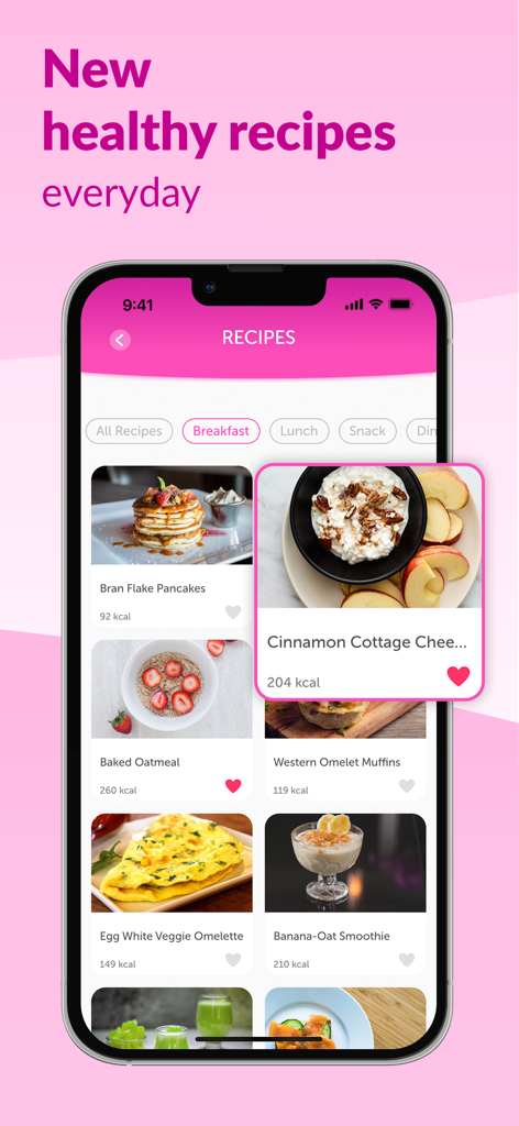 FitHer app recipes screen showing healthy breakfast options with calorie counts like oatmeal and omelettes