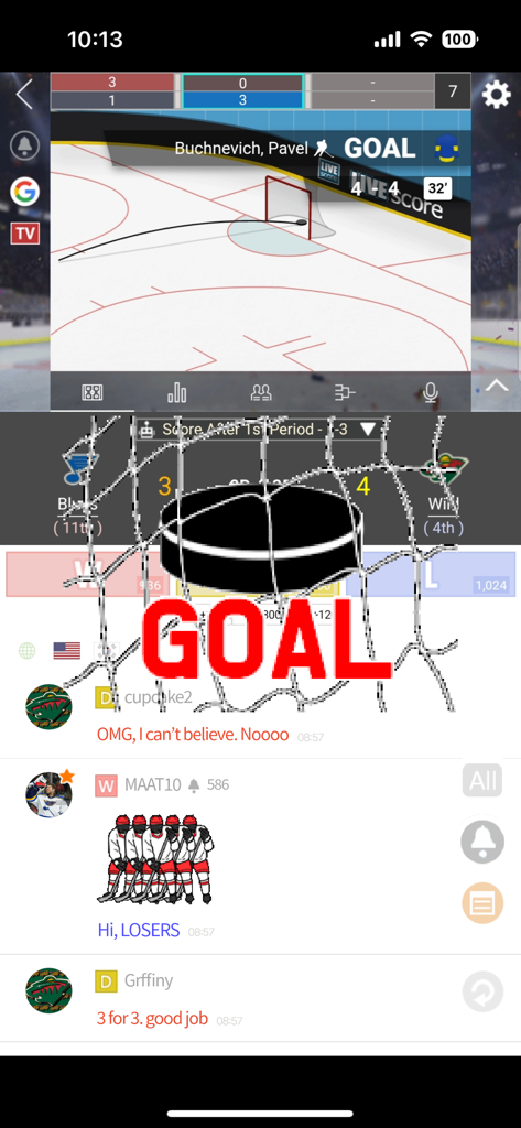 LIVE Score - the Fastest Score - Interface of the LIVE Score app showing a live hockey goal notification and real-time fan chat.