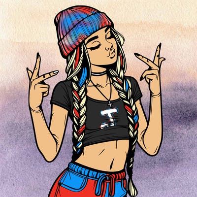 realistic teenage girl with braids and a beanie and crop top doing 🫶🏼