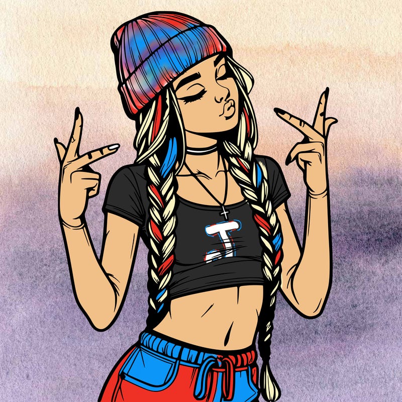 realistic teenage girl with braids and a beanie and crop top doing 🫶🏼