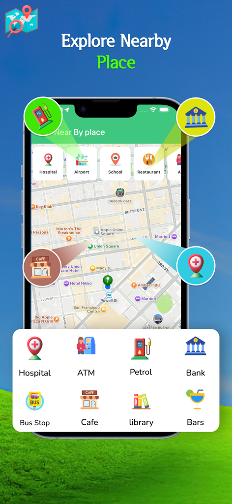 Live Location Tracker - Live Location Tracker app interface showing map with icons for nearby places like hospitals banks and restaurants