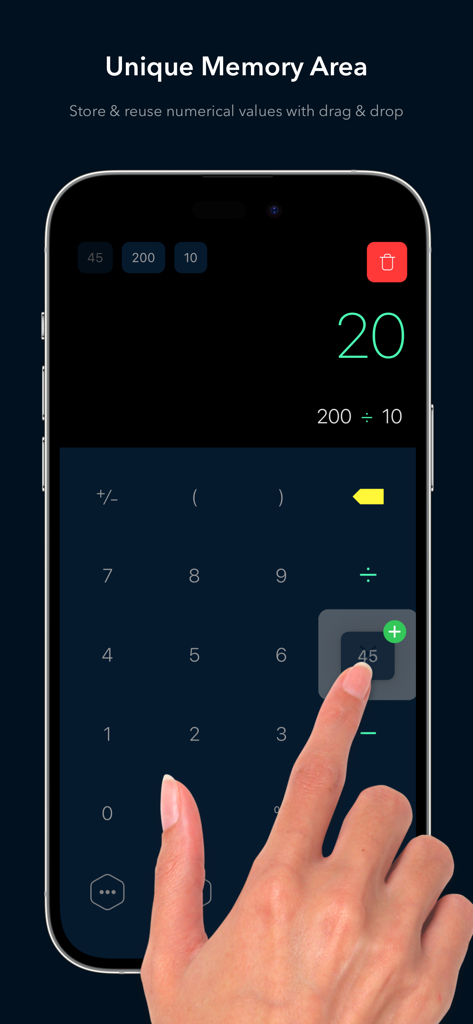 Calzy - A hand demonstrating the drag and drop memory area feature in the Calzy calculator app on an iPhone.