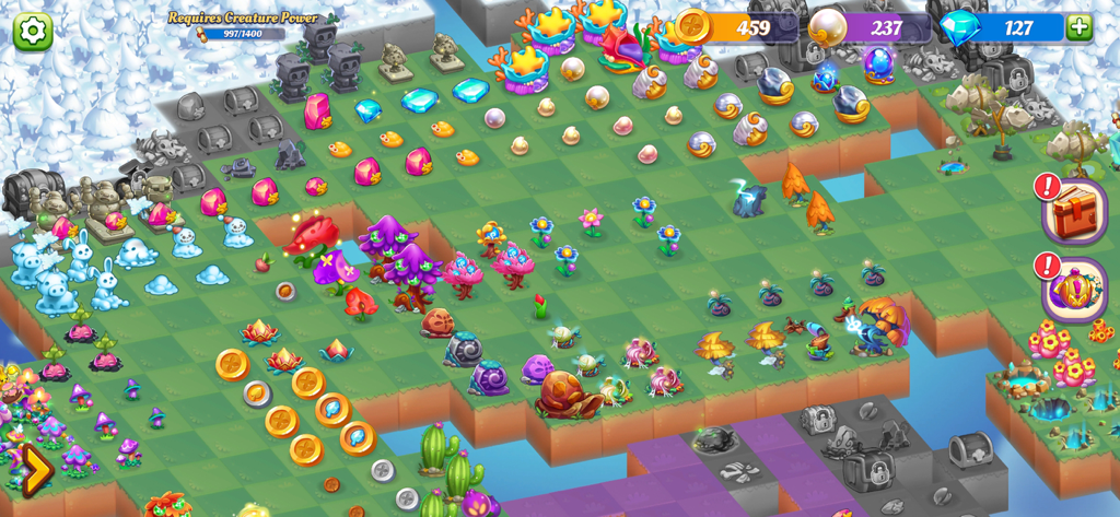 Wonder Merge - Gameplay screenshot of Wonder Merge showing a colorful grid-based magical island with collectible items like coins, flowers, and dragon eggs.
