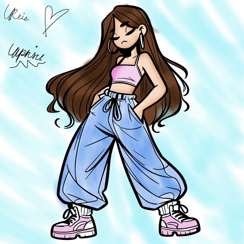 girl in baggy pants crop top and long hair