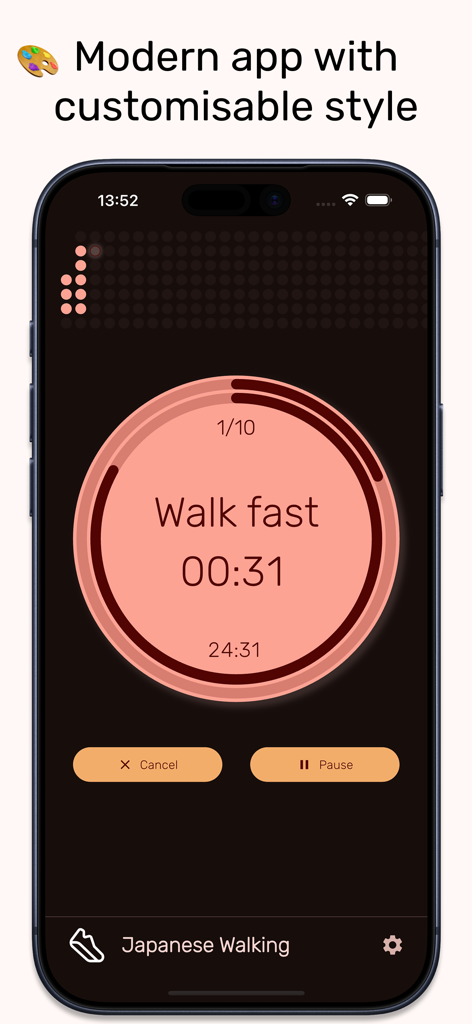 Japanese Walking app interface showing a countdown for a fast walking interval.