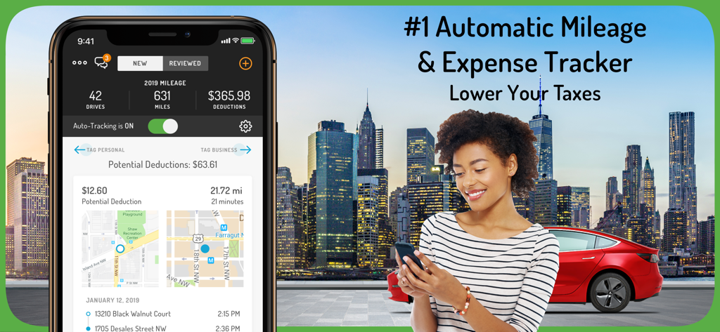 Hurdlr Mileage, Expenses & Tax - Eine Frau benutzt die Hurdlr-App für automatische Kilometer- und Spesenabrechnung in einer Stadt.