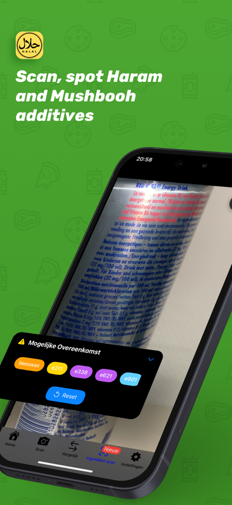 Aplicación HalalFoodScan escaneando la etiqueta de una bebida energética para identificar aditivos alimentarios