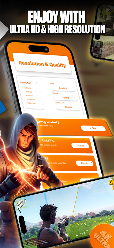 GFX Tool & Games Booster - Mobile app interface showing resolution and graphics quality settings for ultra HD gaming