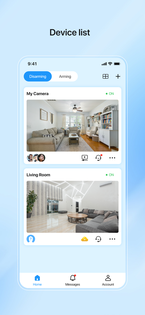 IVY Smart - Interface do aplicativo IVY Smart mostrando uma lista de dispositivos com feeds de câmera ao vivo e controles de ativação de segurança.