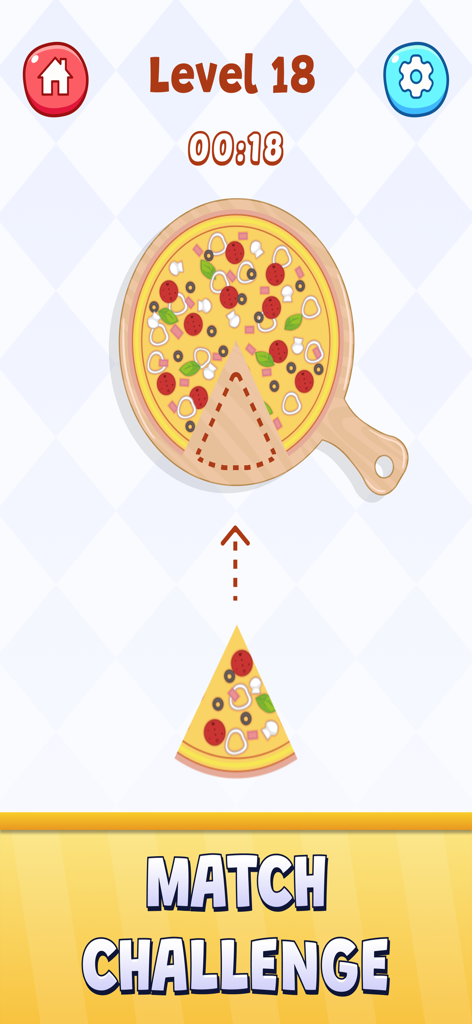 Tik Tap Challenge - Écran du jeu Tik Tap Challenge montrant un niveau de puzzle d'association de tranches de pizza