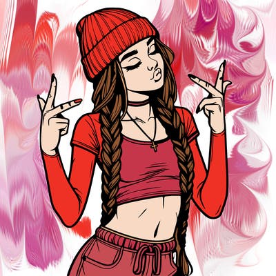 realistic teenage girl with braids and a beanie and crop top doing 🫶🏼