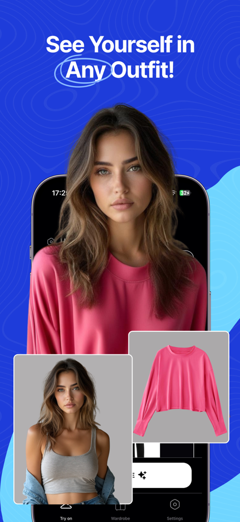 AI Clothes Changer: Dressy - A mobile screen showing a woman virtually trying on a pink top using the Dressy AI app