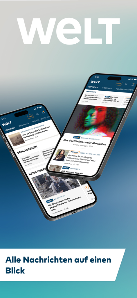 Capturas de pantalla de teléfonos inteligentes que muestran la interfaz de la aplicación de noticias WELT con titulares de noticias alemanas