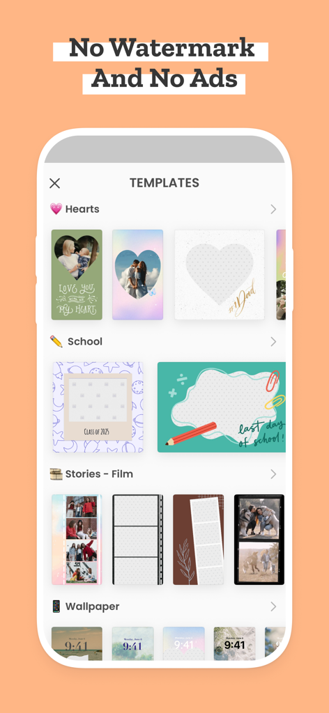 PicCollage EDU app showing various school and family themed collage templates with no ads