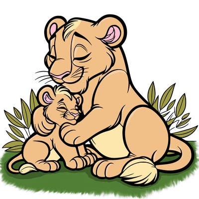 lioness cuddling her cub