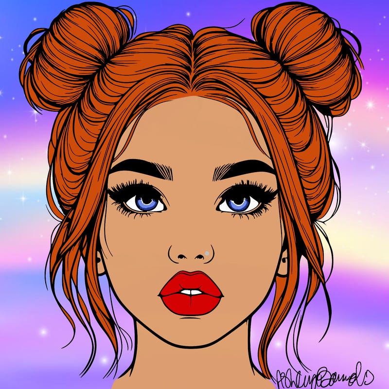 realistic girl with two buns on her hair and lips