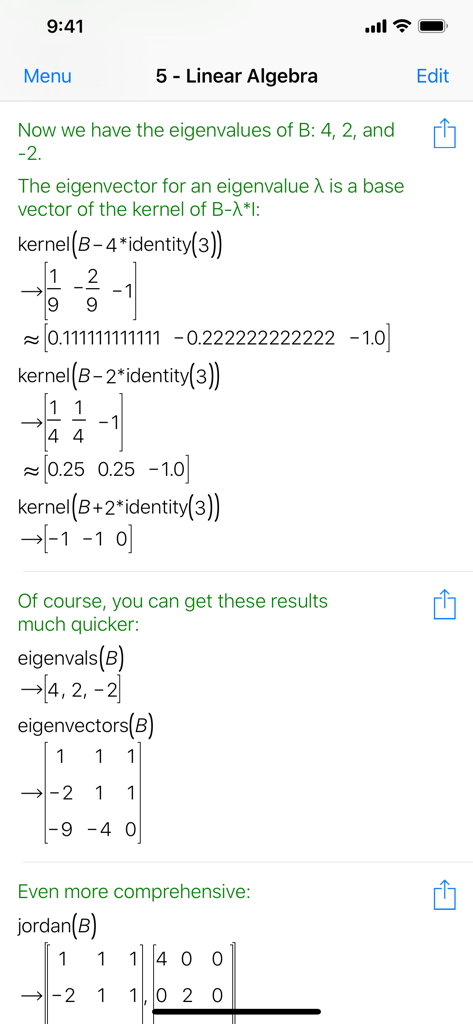 Mathematics with PocketCAS Pro - Linear algebra interface in PocketCAS Pro showing eigenvalue and matrix calculations