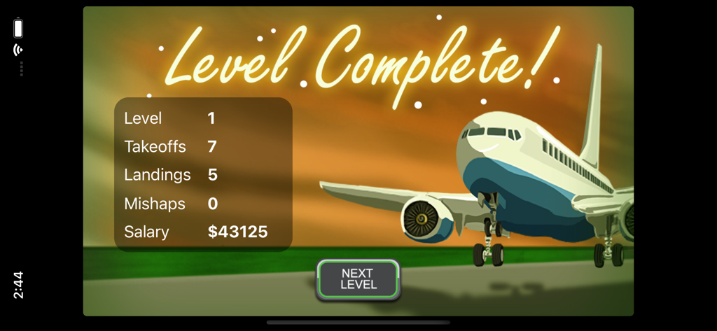 Level complete screen in Airport Madness Mobile with aircraft statistics and next level button