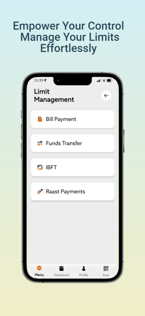 BOK Digital - Pantalla de gestión de límites de la aplicación BOK Digital que muestra opciones para pagos de facturas y transferencias de fondos