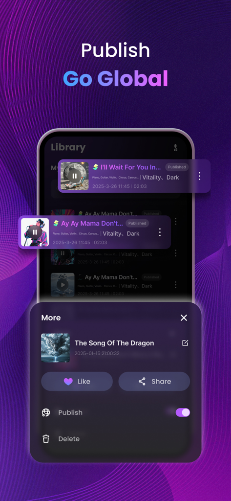 Sondo app interface showing the publish and share menu for AI-generated music videos.