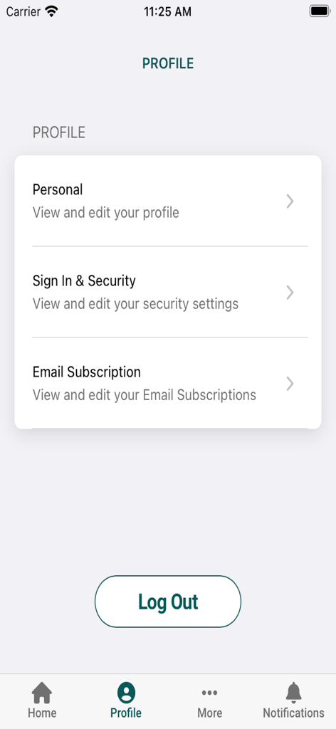 GA DCSS - The profile settings screen of the GA DCSS mobile app showing options for personal info, security, and email subscriptions.