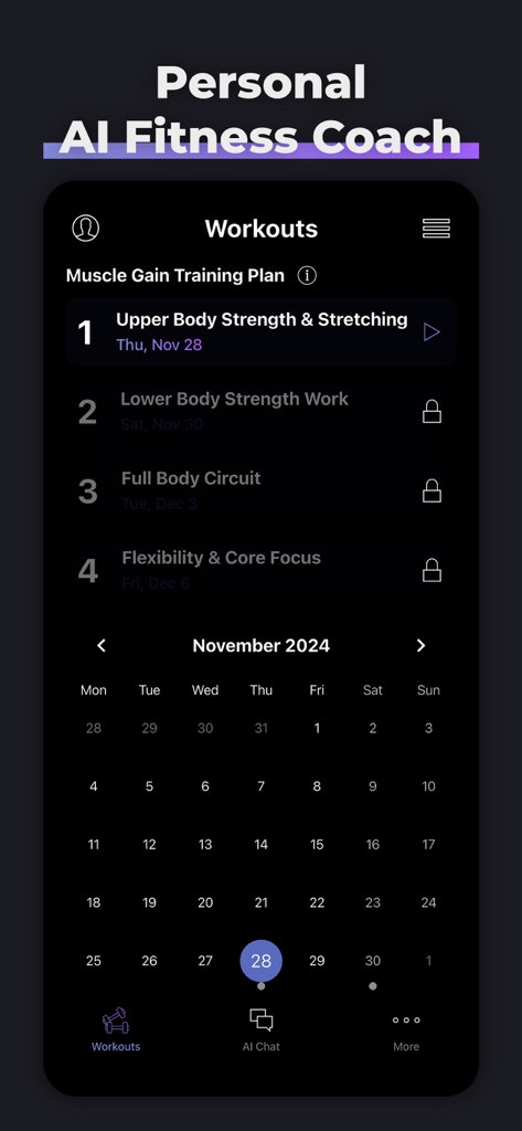 F/AI: AI Gym & Fitness Trainer - Pantalla de la aplicación móvil que muestra un plan de entrenamiento para ganar músculo y un calendario de entrenamiento mensual