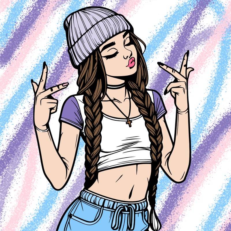 realistic teenage girl with braids and a beanie and crop top doing 🫶🏼