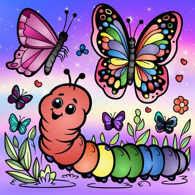caterpillar alongside butterflies