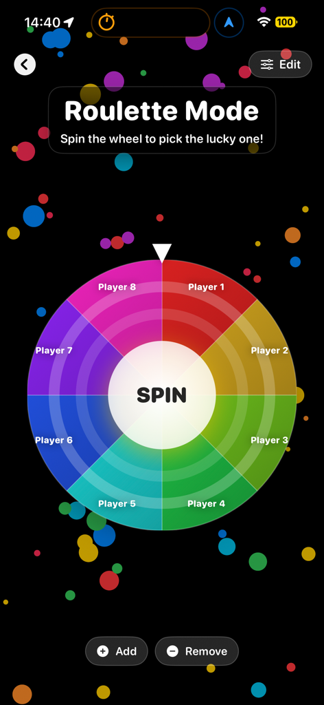 Una interfaz de rueda de decisiones colorida en Modo Ruleta para el juego de fiesta Tap Roulette PRO con ocho segmentos de jugadores y un botón de girar