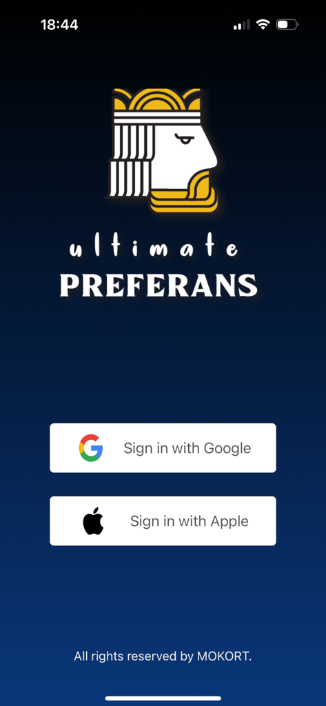 Login screen of Ultimate Preferans card game app with Google and Apple sign in options.