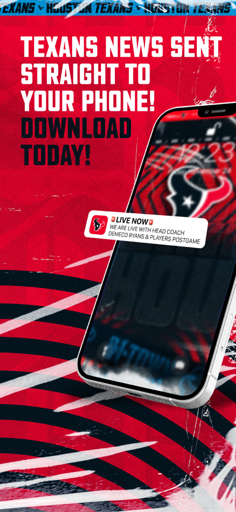 Houston Texans - A smartphone screen showing a live postgame news notification from the Houston Texans app