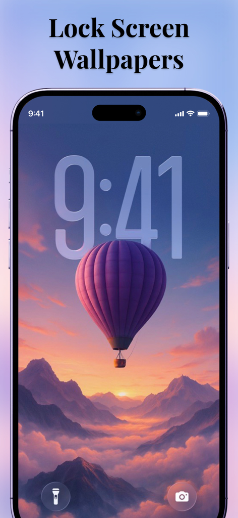 Lock Screen 26: Widgets & Icon - iPhone lock screen wallpaper featuring a purple hot air balloon over a scenic mountain landscape at sunrise