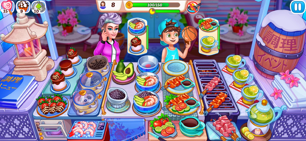 Cooking Event : Cooking Games - Una colorida escena de cocina de Evento de Cocina donde un chef prepara cuencos de camarones, postres de chocolate y brochetas a la parrilla para los clientes.